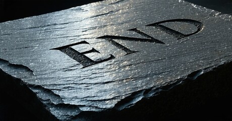Dark stone slab displays word END. Dramatic lighting highlights textured surface, creating stark contrast. Minimalist composition evokes finality.