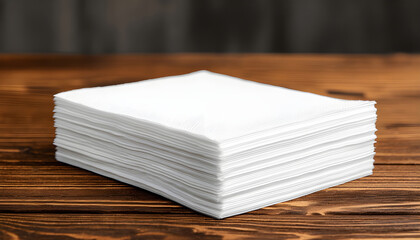 Stack of clean white paper napkins on wooden table in close-up view as mockup template for branding or presentation layout scene concept.