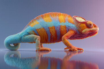 Obraz premium Chameleon displaying vibrant colors and reflections in a seamless gradient background