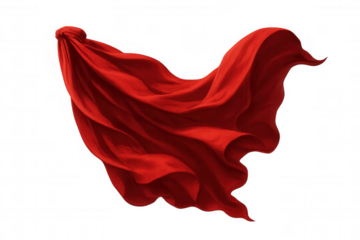 Red fabric flowing in wind, isolated on transparent background, symbolizing power, movement, heroism, and freedom