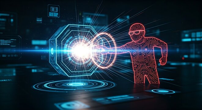 Digital honeypot security concept. A holographic data vault (honeypot) attracts a hacker icon, trapping it upon contact to protect the real network.