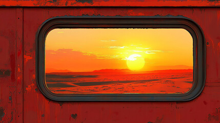 Hyperrealistic view of a bus side mirror capturing a vibrant desert sunset, highlighting reflection, travel, and scenic arid landscapes.