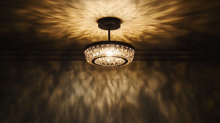 Hyperrealistic image of a modern ceiling light creating a glowing geometric halo pattern, emphasizing architectural design, illumination, and contemporary aesthetics.