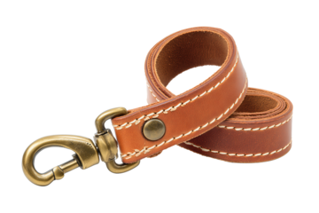 Caramel leather wrist strap with brass snap hook and fine stitching detail, supple texture and vintage tone, isolated on transparent background.
