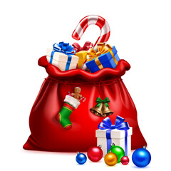A plush red Santa sack filled with colorful presents and topped by a giant candy cane, with more gifts and baubles at its base. On white background.
