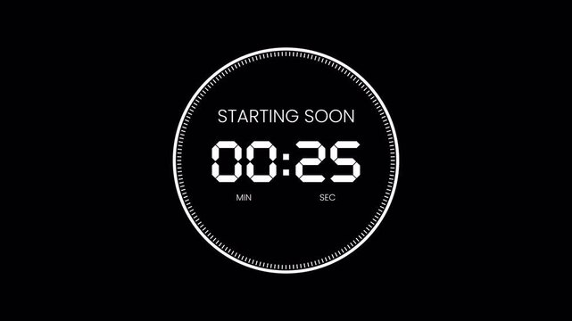 Countdown 30 second starting soon timer animation with alpha channel. White digital numbers on transparent background perfect for broadcast, intro, or event overlay in 4K.