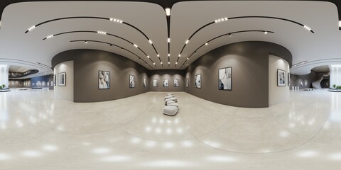 Full spherical hdri panorama 360 degrees of empty exhibition space. backdrop for exhibitions and events. Tile floor. Marketing mock up. 3D render illustration	