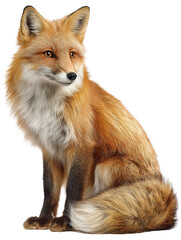 Fototapeta premium Elegant fox in seated pose, soft gradient coat from deep red to pale cream and vivid amber gaze, isolated on transparent background. 