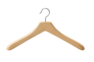 Solid maple clothes hanger with brushed-steel hook and beveled shoulders, showing smooth natural wood grain and elegant finish, isolated on transparent background.
