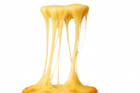 Melted cheese pulling hot and gooey, showing delicious stretchy texture on transparent background