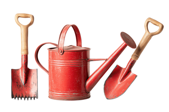 Garden tool set featuring a spade, rake, and red watering can with wooden handles and light wear marks, neatly arranged diagonally, isolated on transparent background.
