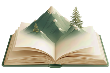 Open forest-green hardcover book with cream pages, showing two stylized mountain shapes and a small pine emerging from the center fold, isolated on transparent background.

