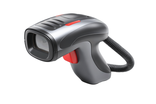 Modern handheld barcode reader featuring a satin charcoal body, vent slots, red button, and curved cable tip, isolated on transparent background.
