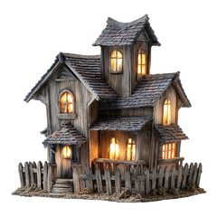 Fototapeta premium Small haunted mansion in Victorian style with glowing interior light, worn shingles, and warped fencing, rich in texture and mystery, isolated on transparent background. 