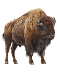 Fototapeta premium Majestic bison with thick dark mane and coarse fur texture across broad shoulders, leaner hindquarters and natural color tones, isolated on transparent background. 