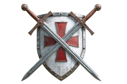 Pair of medieval steel swords crossed behind a white heater shield with red cross enamel, brushed metal texture and visible rivet heads, historic and noble, isolated on transparent background.