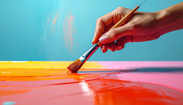Artist hand with brush maiking painting 