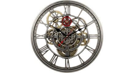 Ornate Steampunk Skeleton Clock with Roman Numerals and Visible Gears, isolated on a white or transparent background, cutout, PNG
