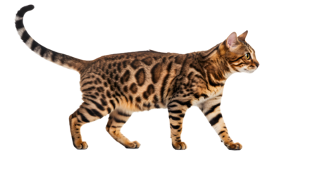 Bengal cat walking isolated on white background, spotted domestic feline with sleek fur perfect for pet and animal themes