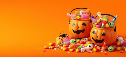 Fototapeta premium The Jack-o'-lantern Candy Buckets Overflowing With Colorful Halloween Sweets On Orange Background