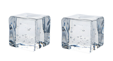 Two clear ice cubes with visible bubbles isolated on white background, perfect for beverage and drink presentations