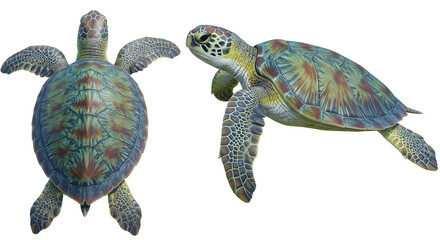 Two green sea turtles swimming isolated on white background, marine animals, aquatic wildlife perfect for educational and nature topics