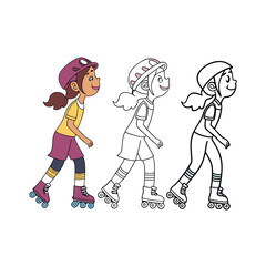 Active young girl on roller skates enjoying outdoor fun and playful bubbles isolated on transparent background