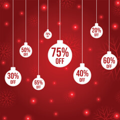 Hanging Christmas balls with sale. Discount cards,20%,30%,40%,50%,60,70%,75% OFF.Winter,seasonal sale backgroud  with snowflakes on red background. Vector Illustration

