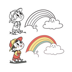 Whimsical firefighter and rainbow symbolizing hope and safety after crisis isolated on transparent background
