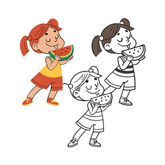 Joyful young girl happily eating a slice of fresh watermelon outdoors isolated on transparent background