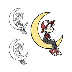 Whimsical cartoon character sits on crescent moon among stars isolated on transparent background