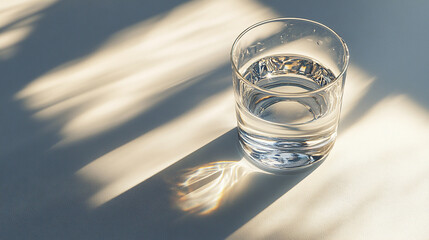 Hyperrealistic image of a half-filled glass of water casting a long shadow on a clean surface, symbolizing balance, clarity, simplicity, and perspective in minimalistic design.