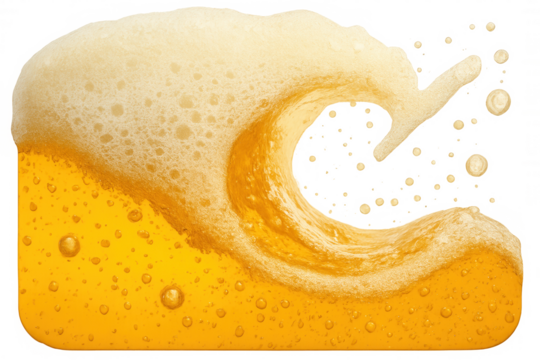 Beer wave splashing from a glass with foam and bubbles, refreshing alcoholic golden liquid, transparent background