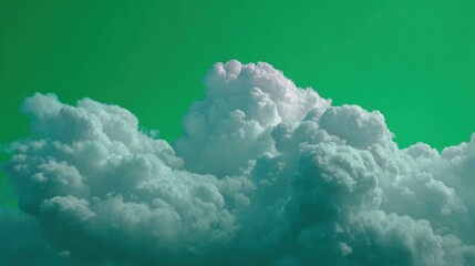 Naklejka premium Fluffy clouds float lazily in a surreal green sky creating a peaceful dreamlike atmosphere.
