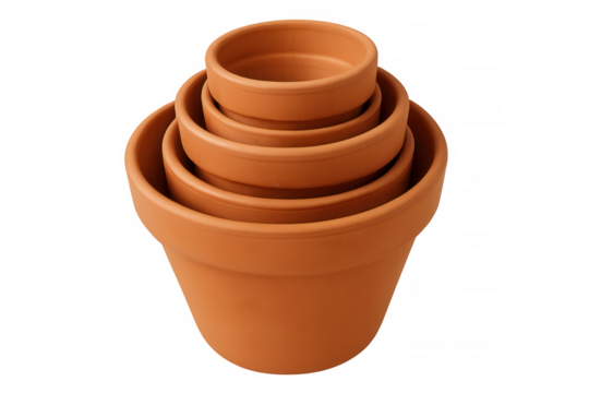 Terracotta plant pots in varying sizes, stacking together, prepared for gardening or home planting activities