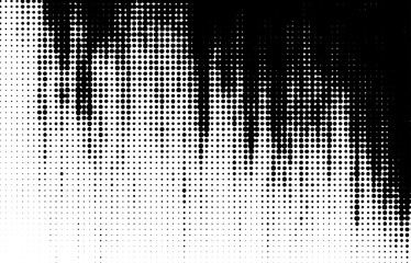 Black halftone dots form a dripping gradient from top to bottom on white. Vector illustration with comic grunge style.