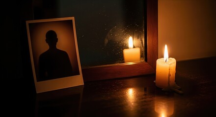 Glowing candle light reflects beside an old picture of a dark silhouette. It symbolizes enduring mystery, quiet remembrance for unknown lives, and deep sorrow for families of the missing. 