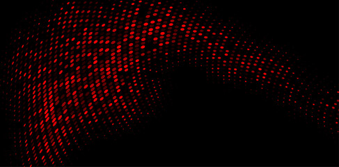 Abstract vector with curved red halftone dots forming a wave on black. Bold and dynamic design with a modern comic-style gradient effect.
