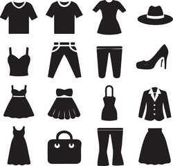 Fototapeta premium Black silhouette icons of clothing and accessories on white Keywords: t-shirt, dress shirt, women's