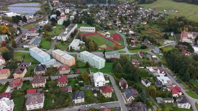 Aerial Freiberg Germany homes city traffic road. City center rural travel in eastern Germany. Historical buildings and landmarks. Urban historic center of East Germany. Total destruction in WW II.