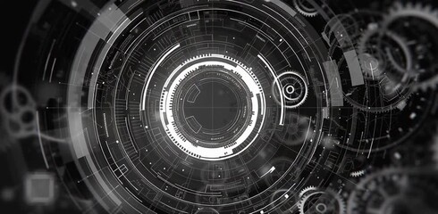 abstract futuristic technology background with gears and digital elements, a gray color scheme, and white space in the center for text Generative AI - Powered by Adobe