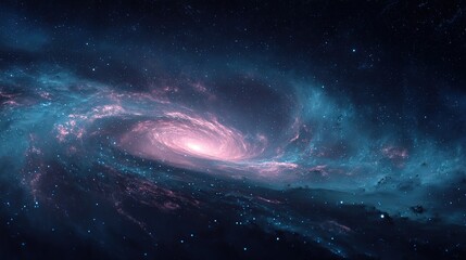 Obraz premium Majestic spiral galaxy glowing in deep space, cosmic swirl of blue and pink nebula gas clouds with stars and galactic dust, representing infinity, cosmic energy, and the mystery of the universe. Perfe