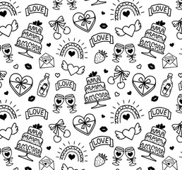 Seamless pattern with hand drawn love icons in vector, black and white, clean bold line texture. Perfect for Valentine’s Day, wedding, wrapping paper, textiles, stationery, invitations, posters, 