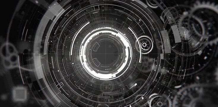 abstract futuristic technology background with gears and digital elements, a gray color scheme, and white space in the center for text Generative AI - Powered by Adobe