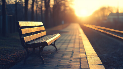 Hyperrealistic scene of a lonely bench on a train platform at sunrise, evoking calm, solitude, and contemplative mood with warm light and atmospheric realism.