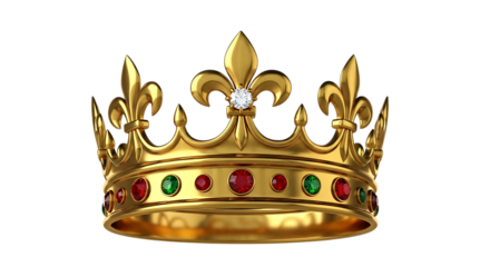 Ornate Golden Royal Crown Adorned with Red Green Jewels and Diamond, isolated on a white or transparent background, cutout, PNG