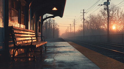 Hyperrealistic scene of a lonely bench on a train platform at sunrise, evoking calm, solitude, and contemplative mood with warm light and atmospheric realism.