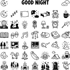 Good Night  Sleep Vector Outline Icons Set. Collection of Bedtime, Dreams, Relaxation, and Cozy Elements.