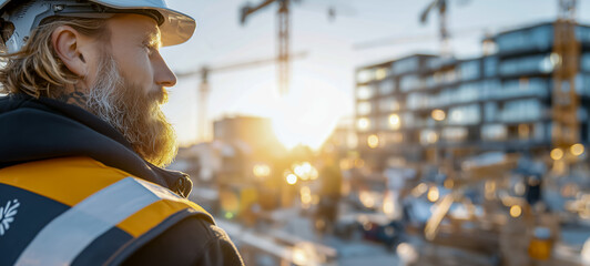 Construction worker observing the skyline during sunset