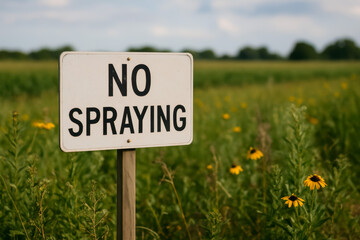 Warning sign indicating no spraying in agricultural field area